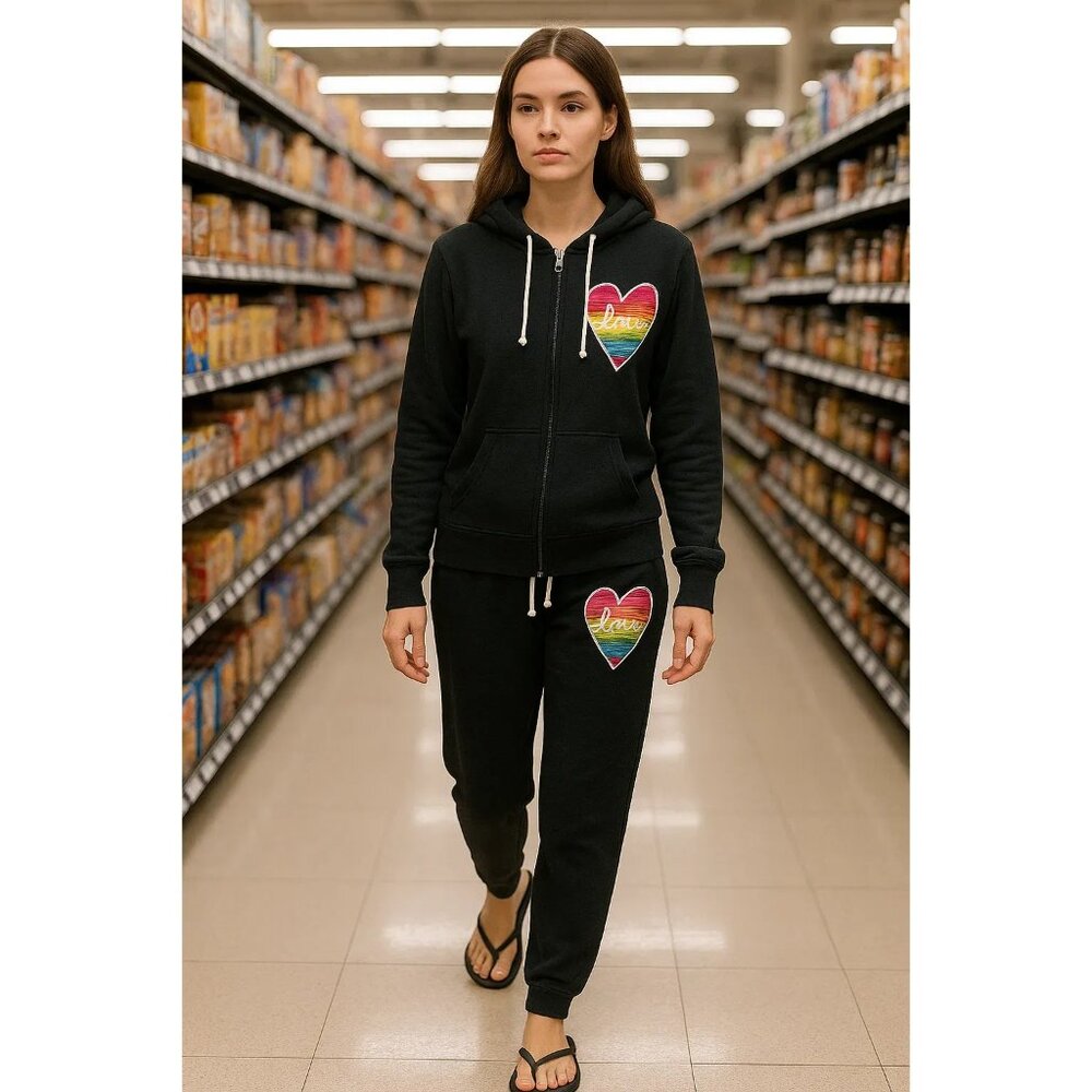 Mossimo Target Black Rainbow Heart Hoodie & Sweatpants Set L/M Cotton Blend